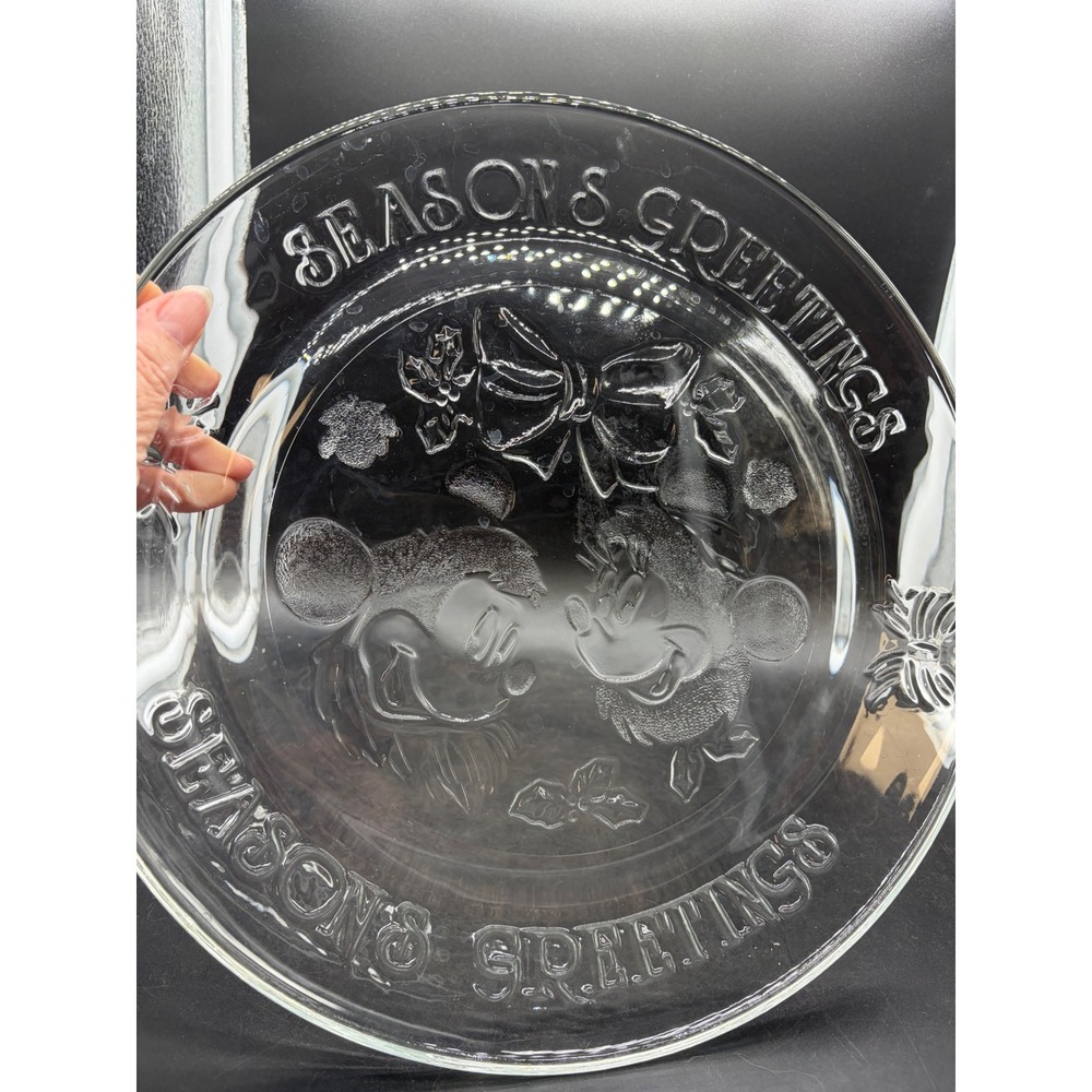 Disney Mickey Minnie Mouse Seasons Greetings Clear Glass Christmas Platter 12.5"